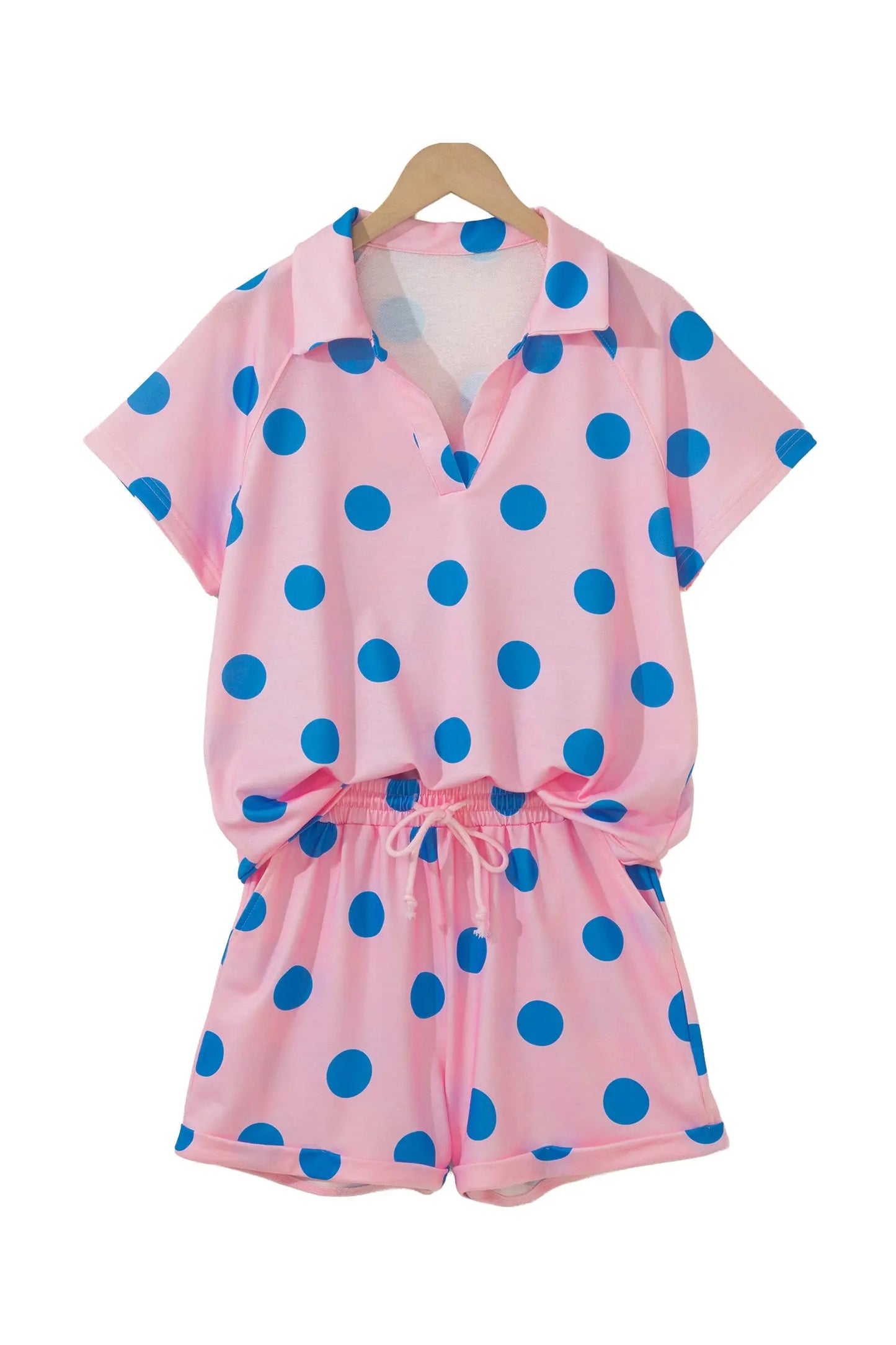 Beige Polka Dot Print V Neck Tee Short Set Nataliz