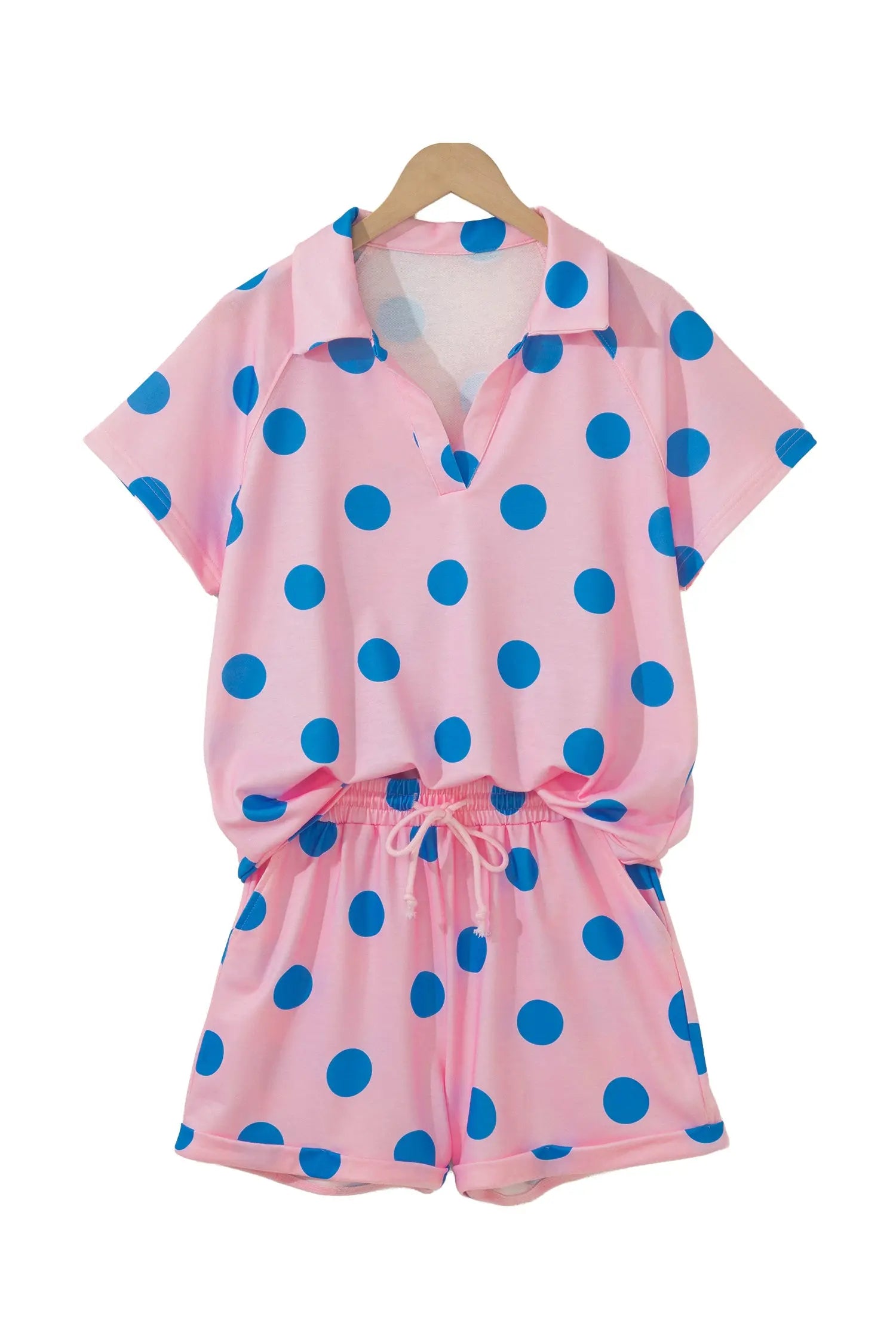 Beige Polka Dot Print V Neck Tee Short Set Nataliz