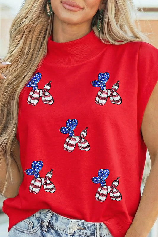 Racing Red Sequin American Flag Balloon Dog High Neck Short Sleeve Top Nataliz