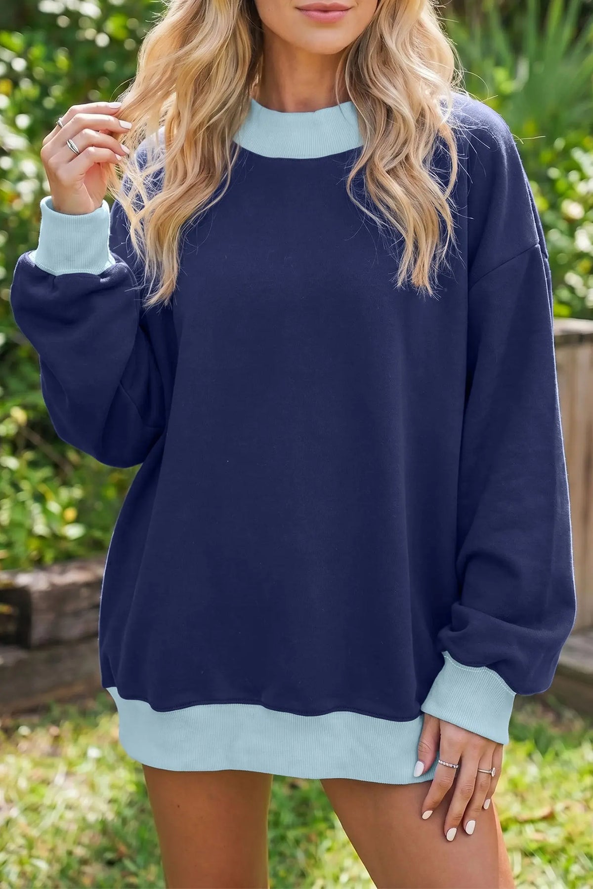 Coffee Colorblock Trim Crewneck Long Sleeve Pullover Sweatshirt