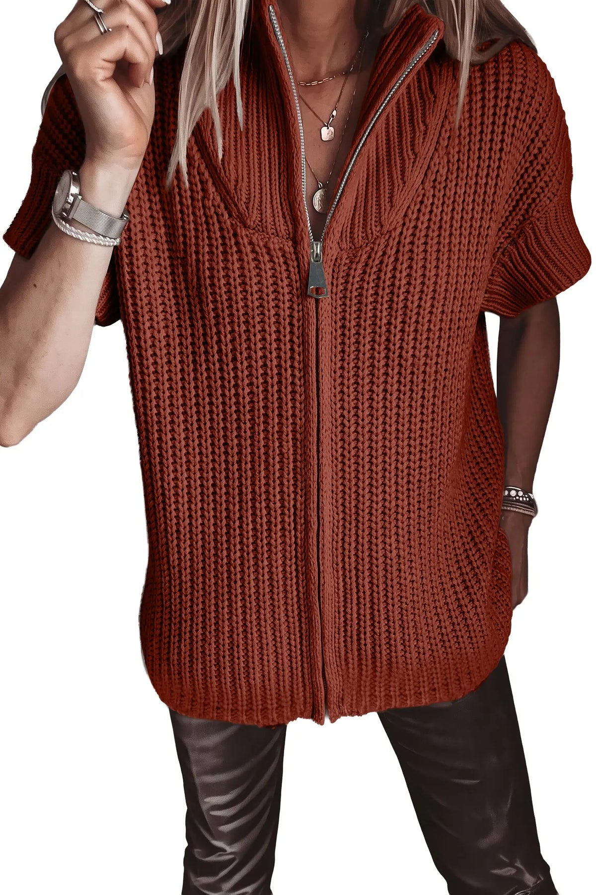 Cinnamon short sleeve zipper knit high neck sweater, model front view · nz-alt-v1