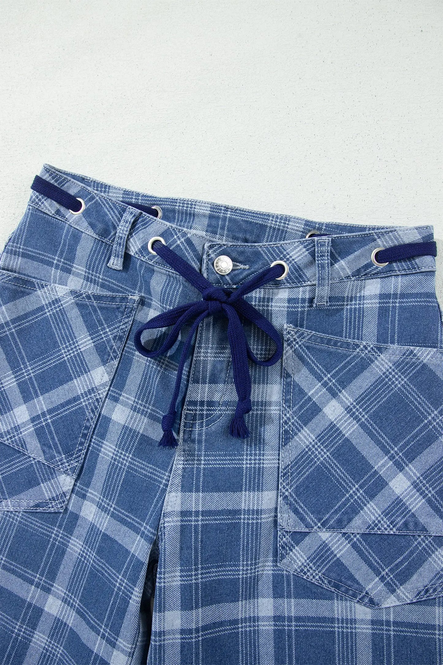 Sky Blue Plaid Denim Grommet Drawstring Waist Ankle-Length Jeans