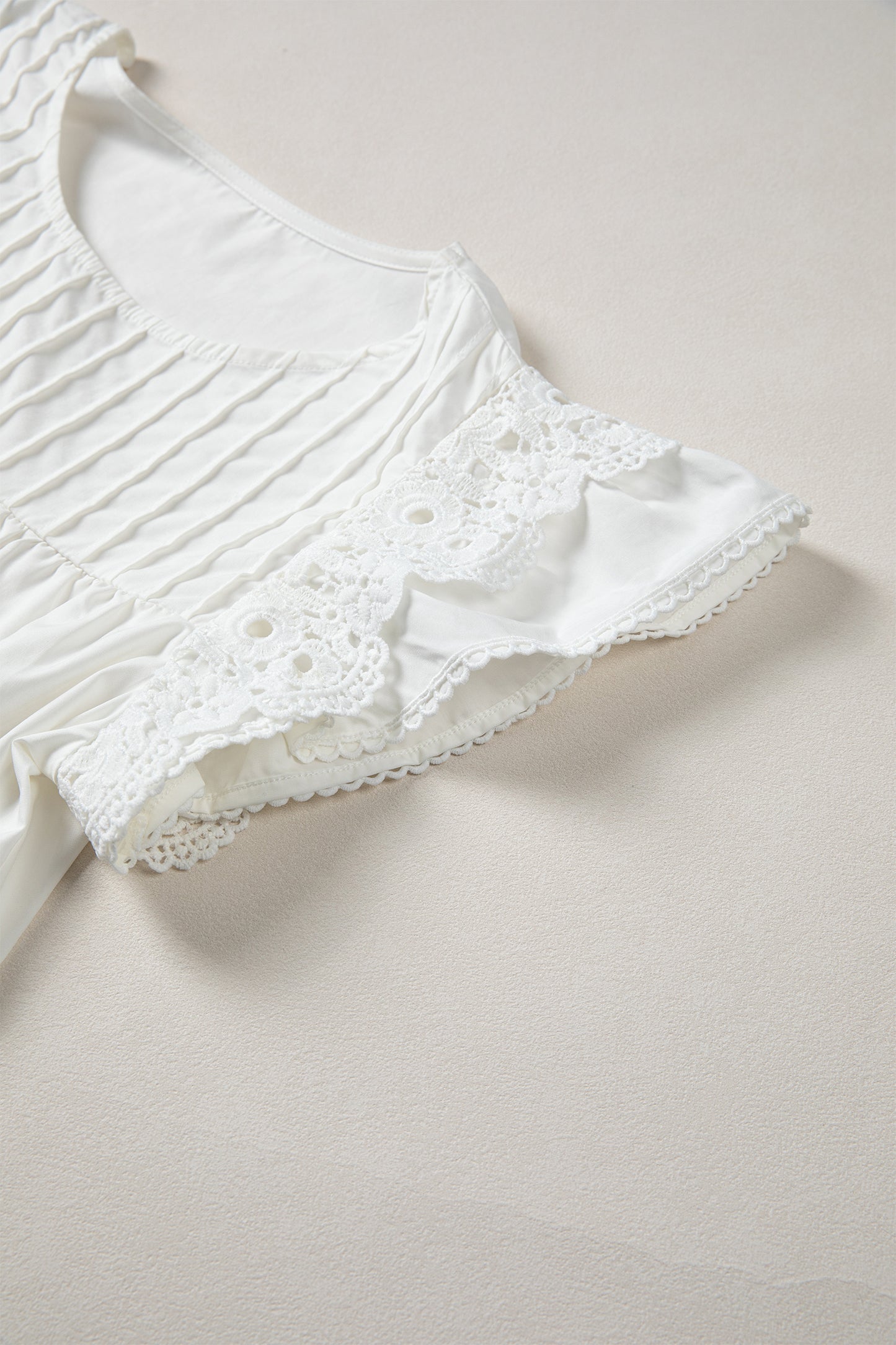 Bonbon Lace Detail Flutter Sleeve Pleated Round Neck Blouse