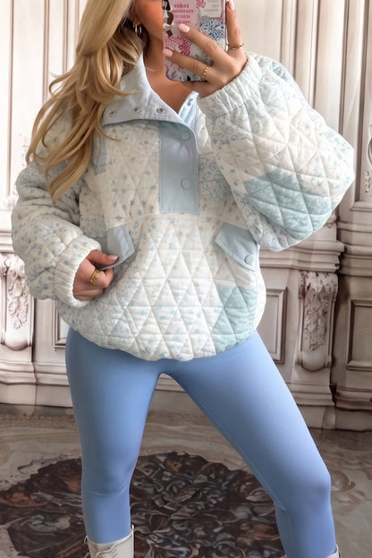 Pink Floral Quilted Half Button Pocketed Pullover Sweatshirt