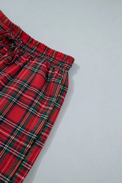 White Plaid Letter Print Short Sleeve Top Elastic Waist Pocket Shorts Lounge Set