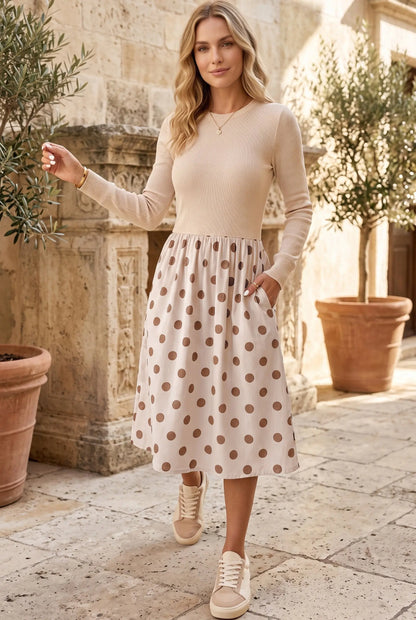 Beige Polka Dot Midi Long Sleeve Dress