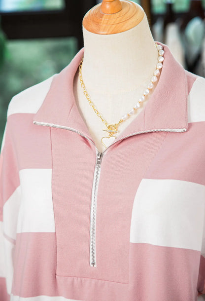 Pink Stripe Half Zip Bracelet Sleeve Top Casual Short Set