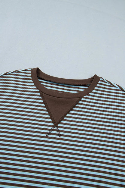 Blue Stripe Oversized Long Sleeve Top Drawstring Loose Shorts 2pcs Set