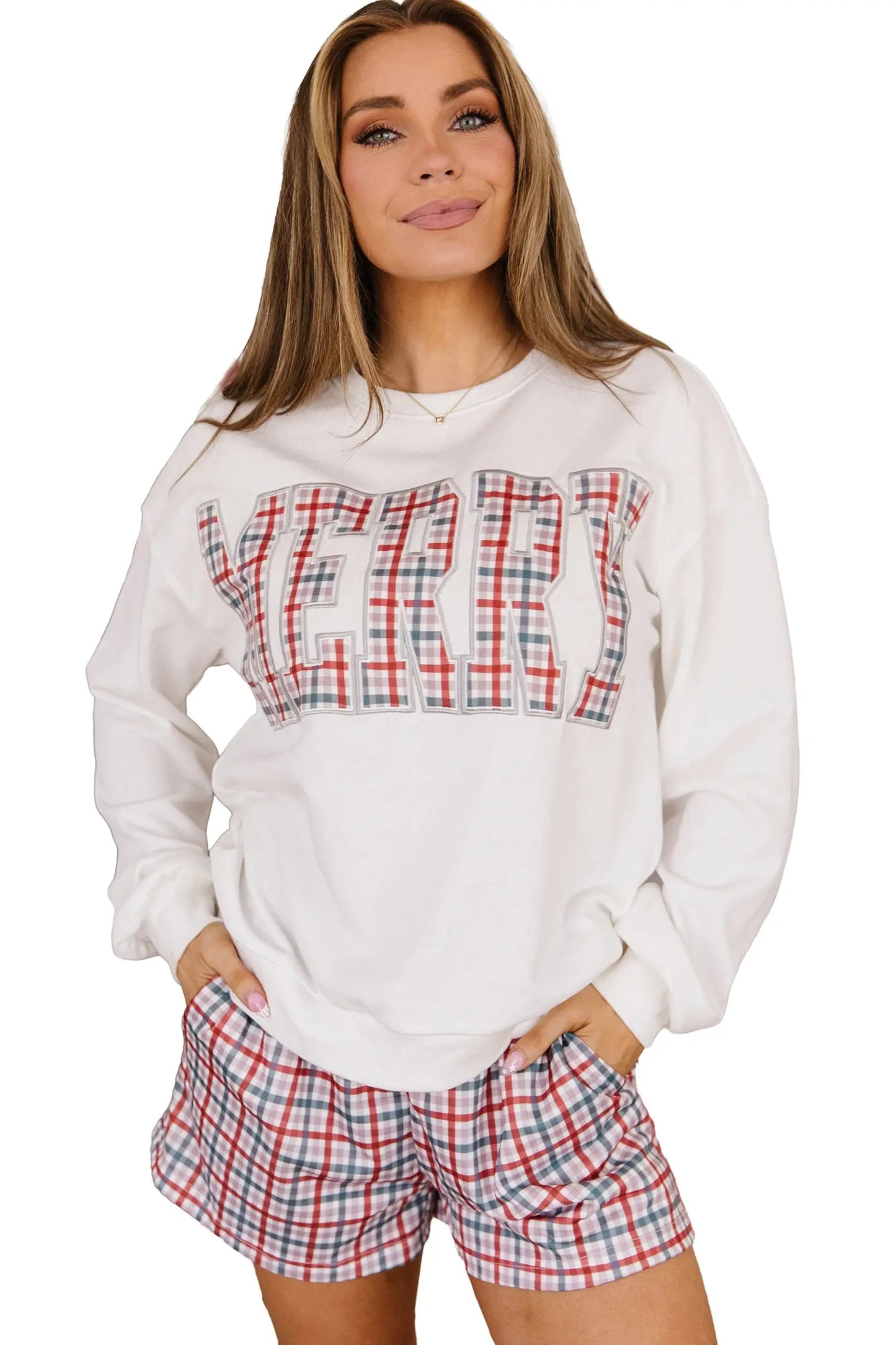 Multicolour Plaid MERRY Holiday Long Sleeve Top and Shorts Set