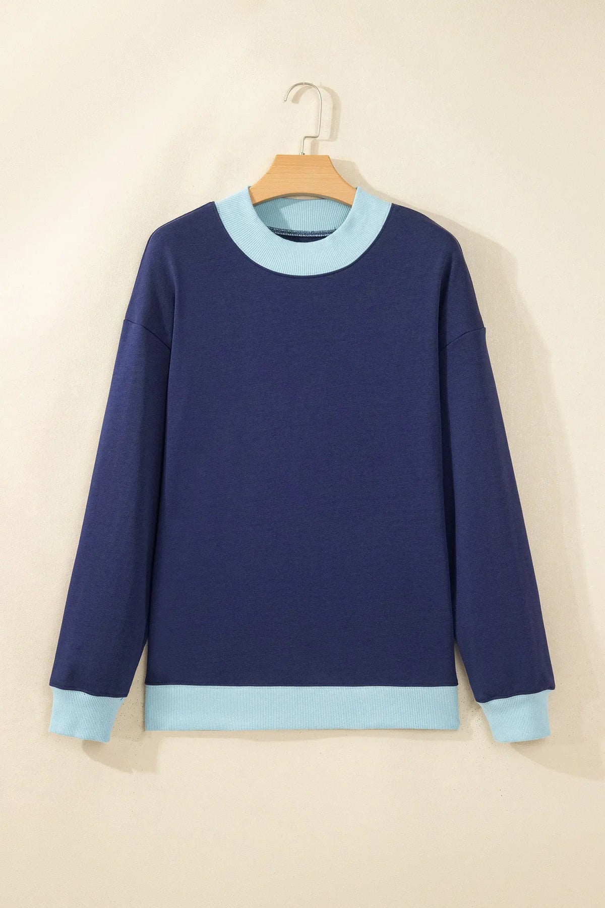 Coffee Colorblock Trim Crewneck Long Sleeve Pullover Sweatshirt