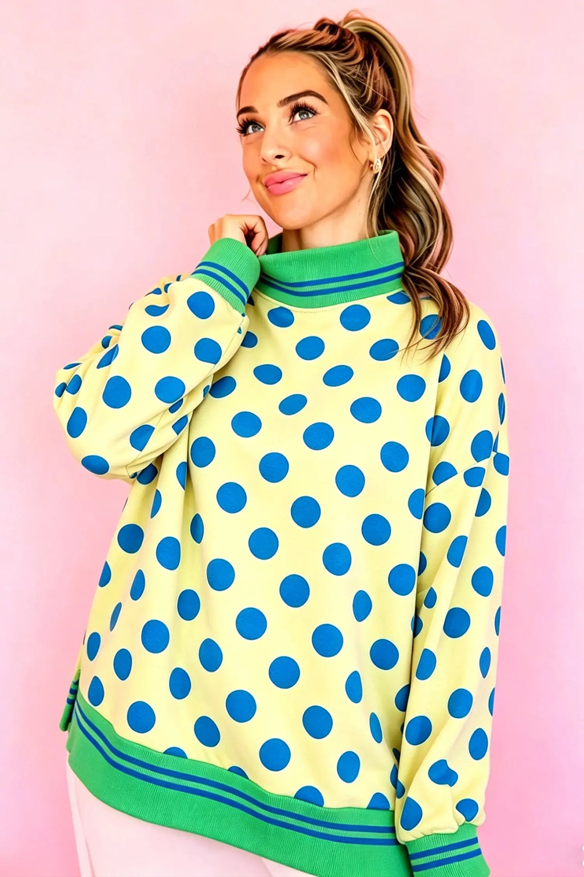 Rose Polka Dot Striped Trim Mock Neck Sweatshirt