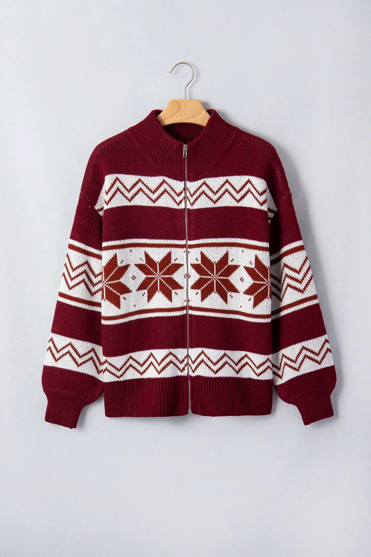 Red Geometric Pattern Zip-Up Knit Long Sleeve Regular Fit Cardigan