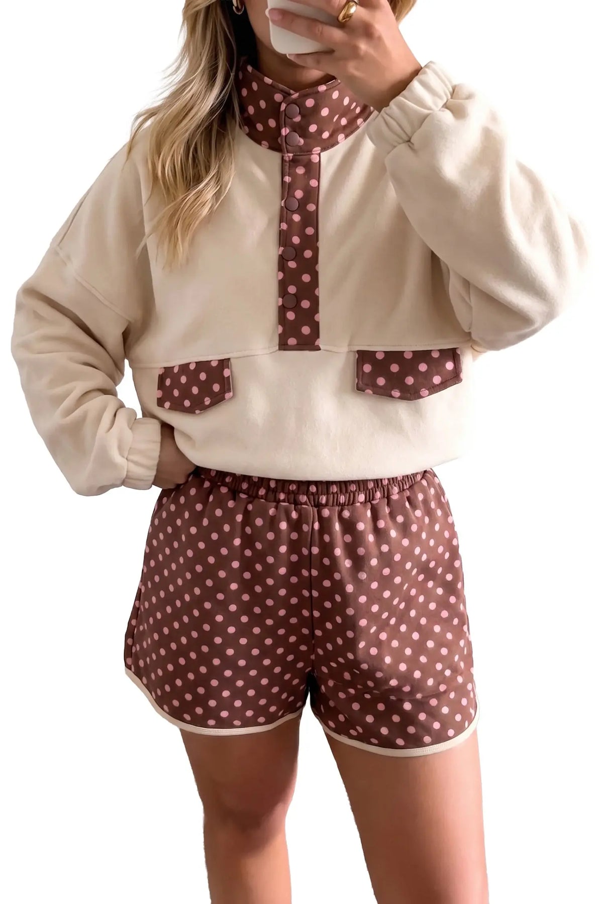 Brown polka dot pullover and shorts 2pcs set detail view · nz-alt-v1