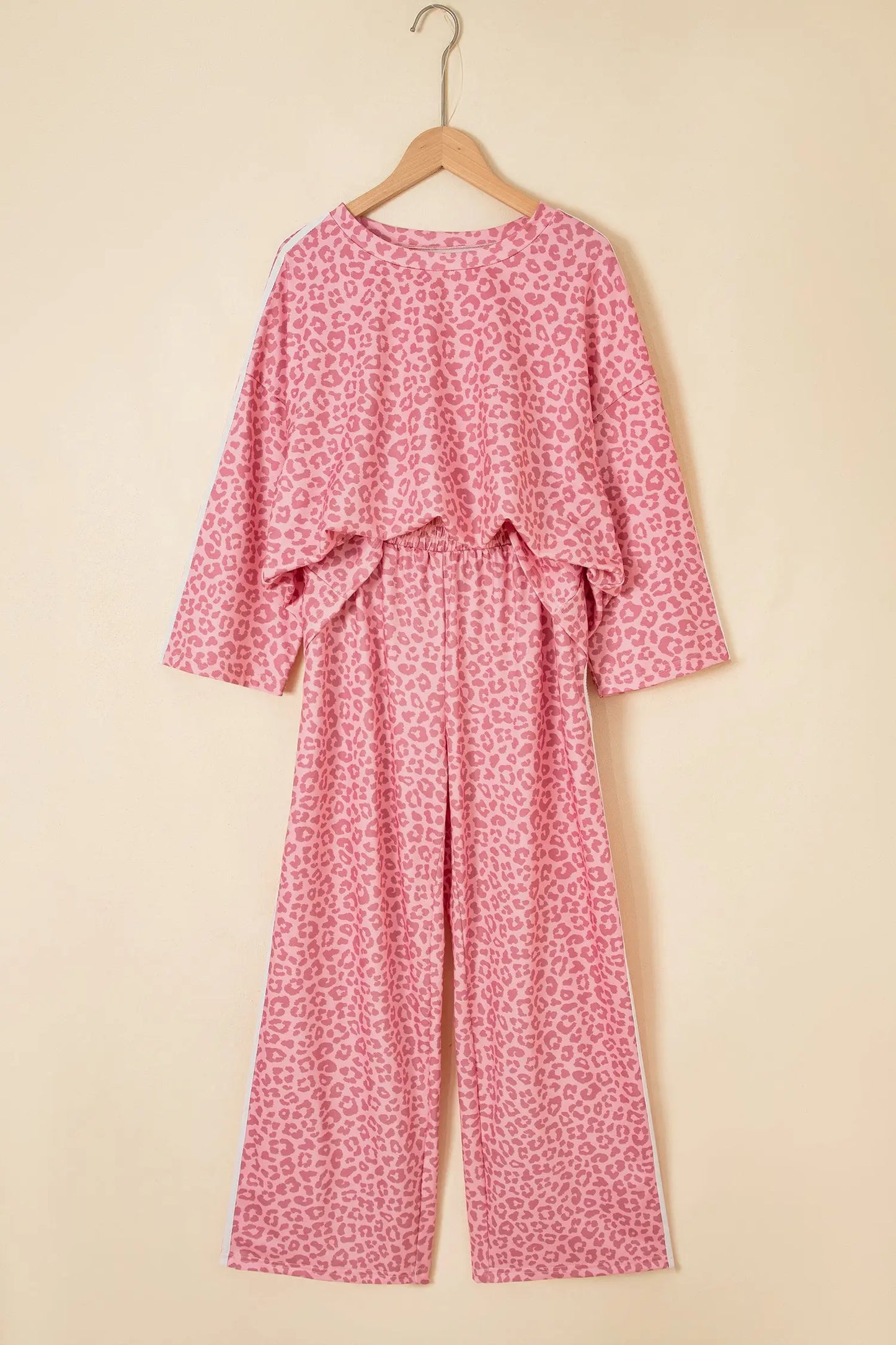 Apricot Leopard Print Varsity Striped Detail 3/4 Sleeve Top Shift Pant Set