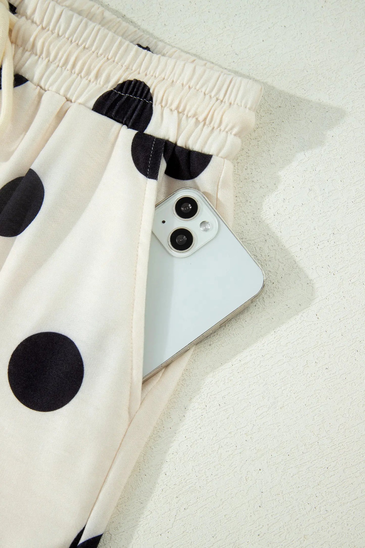 Beige Polka Dot Print V Neck Tee Short Set Nataliz