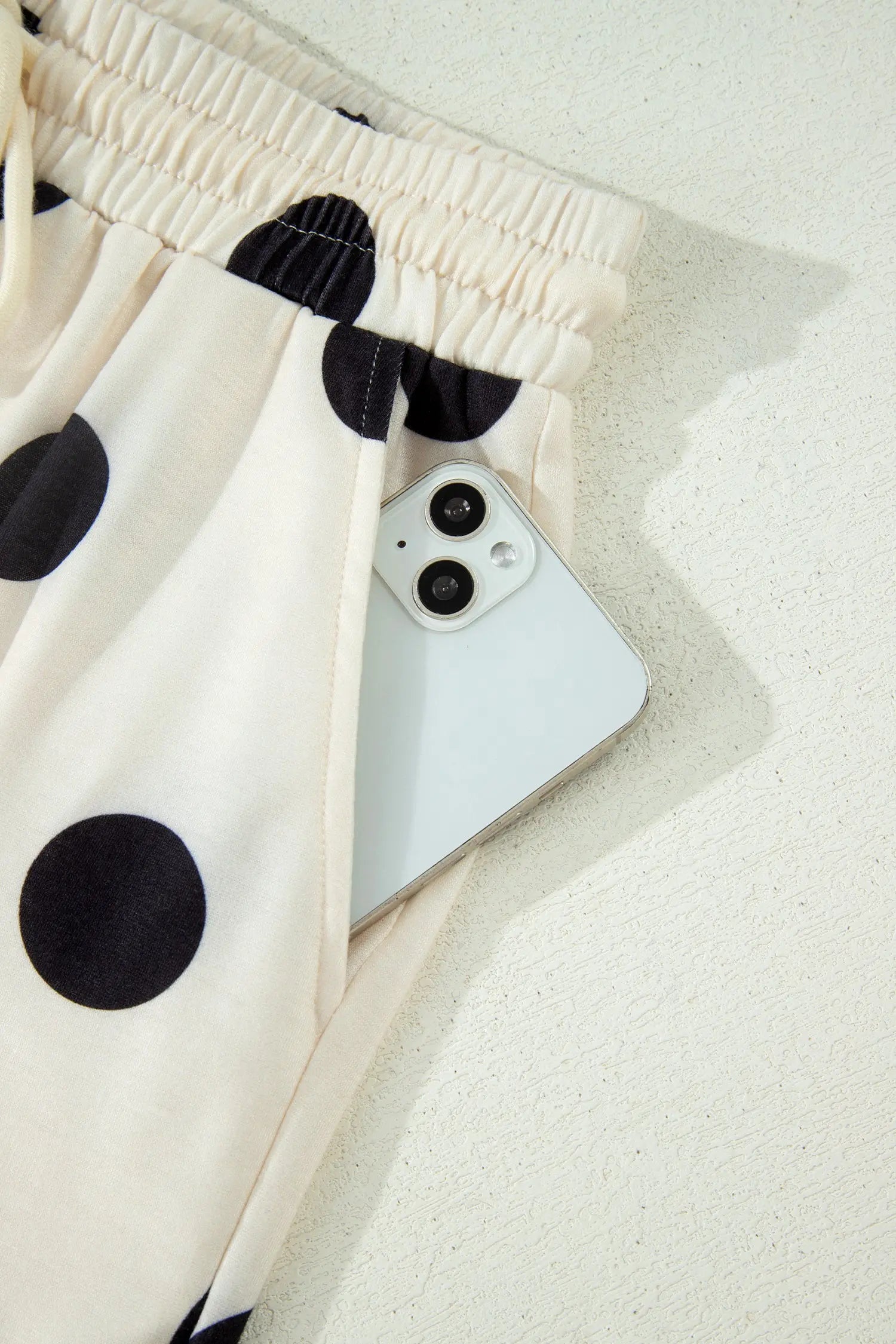 Beige Polka Dot Print V Neck Tee Short Set Nataliz