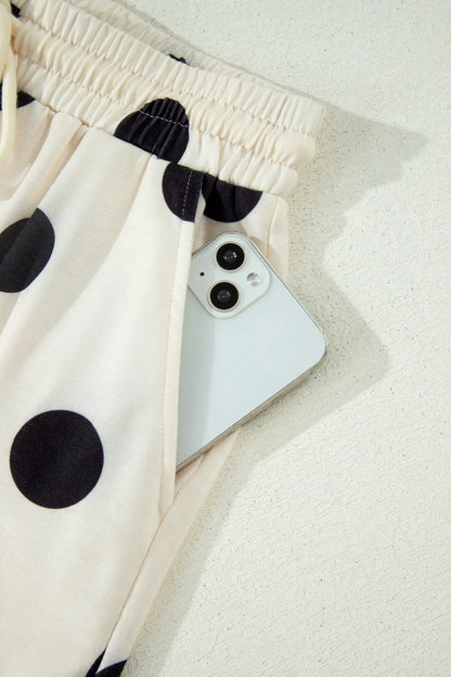 Beige Polka Dot Print V Neck Tee Short Set Nataliz