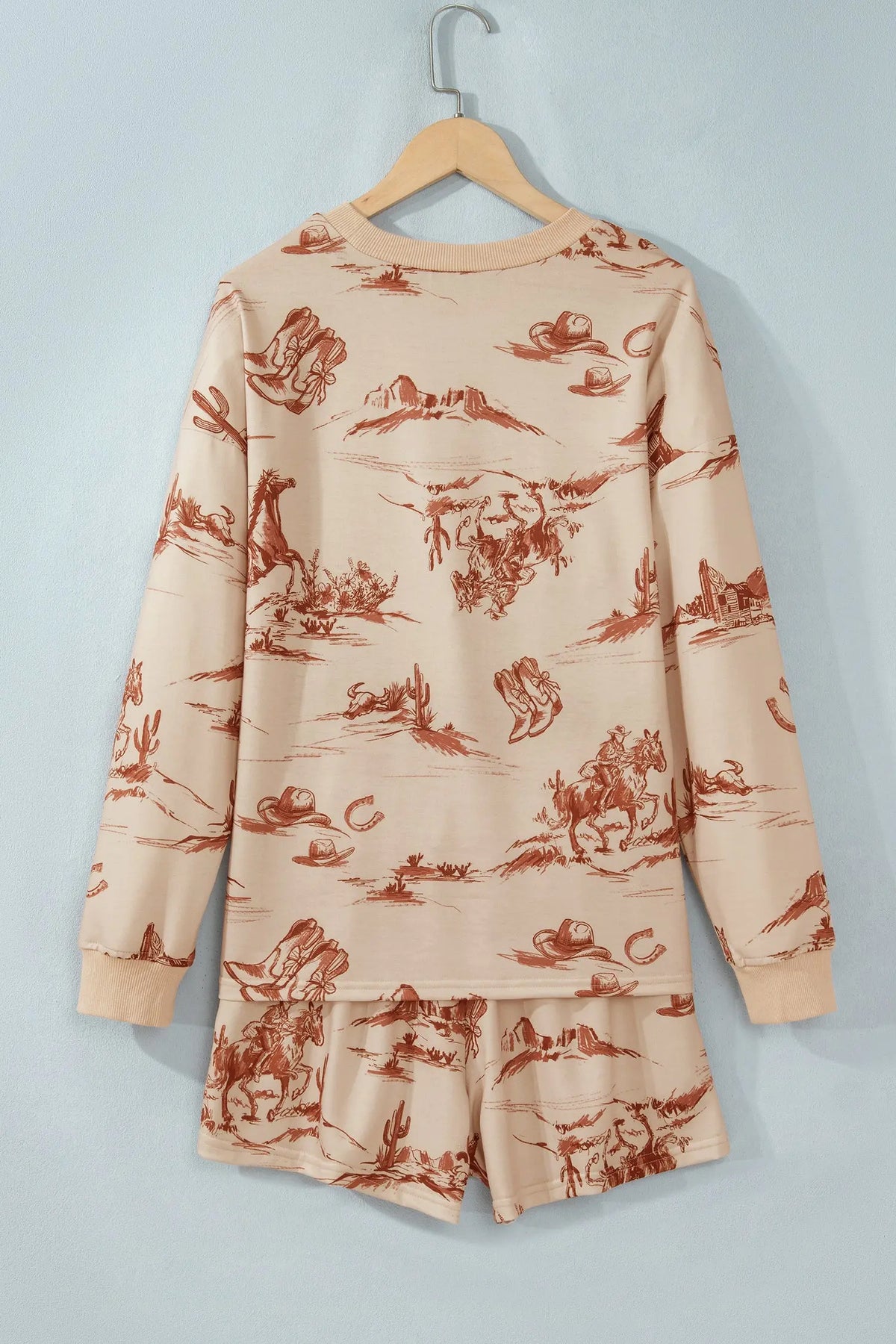 Beige Western Print Loose Fit Long Sleeve Top Short Set