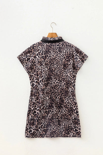 Brown Leopard Print Short Sleeve Mini Shift Silhouette Dress