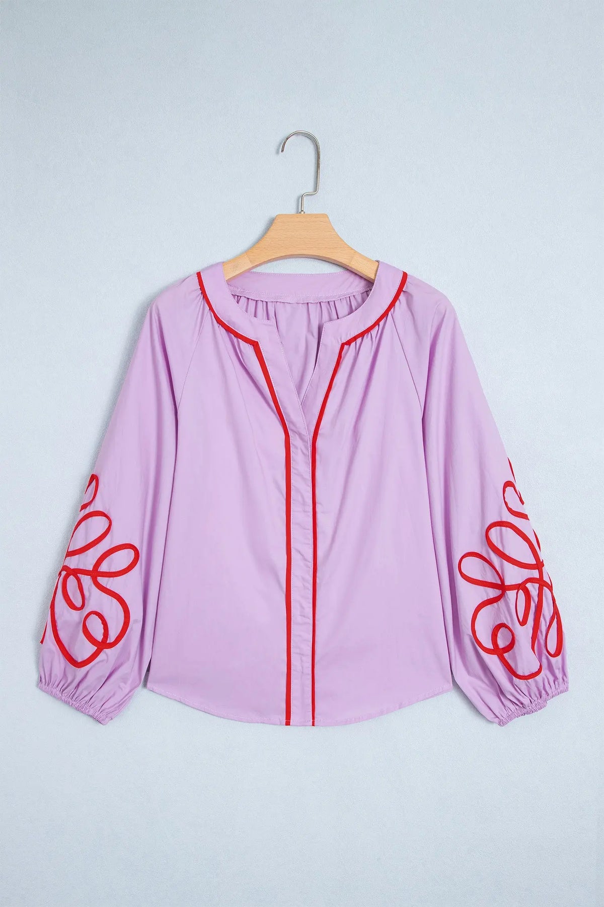 100% Cotton Orchid Bouquet Contrast Detail Long Sleeve Decorative Neckline Cotton Blouse