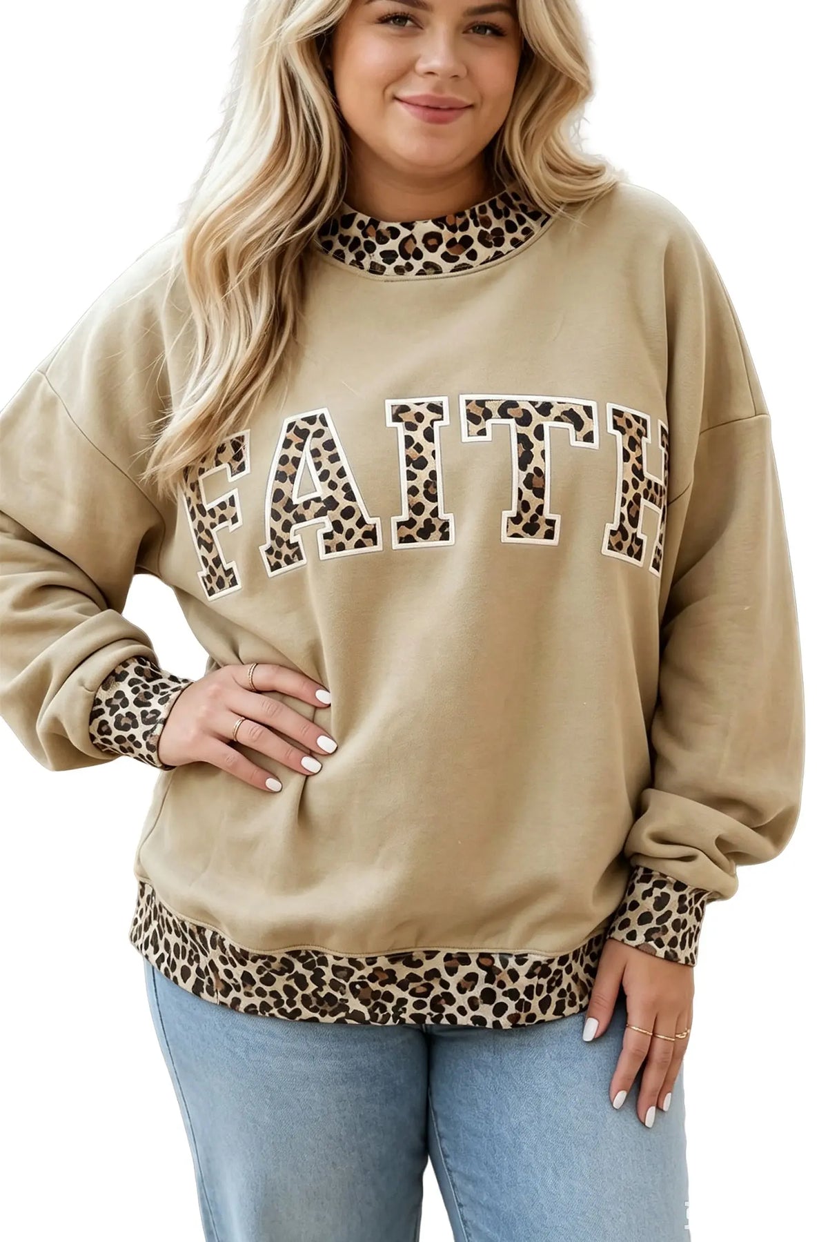 Parchment plus size leopard trim FAITH graphic sweatshirt, model front view · nz-alt-v1