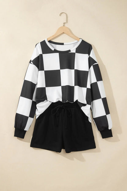 Khaki Checkerboard Plaid Long Sleeve Solid Color Shorts 2pcs Set