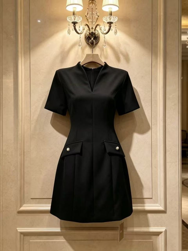 Split-Neck Tailored Mini Dress with Pocket Flaps hanging view · nz-alt-v1