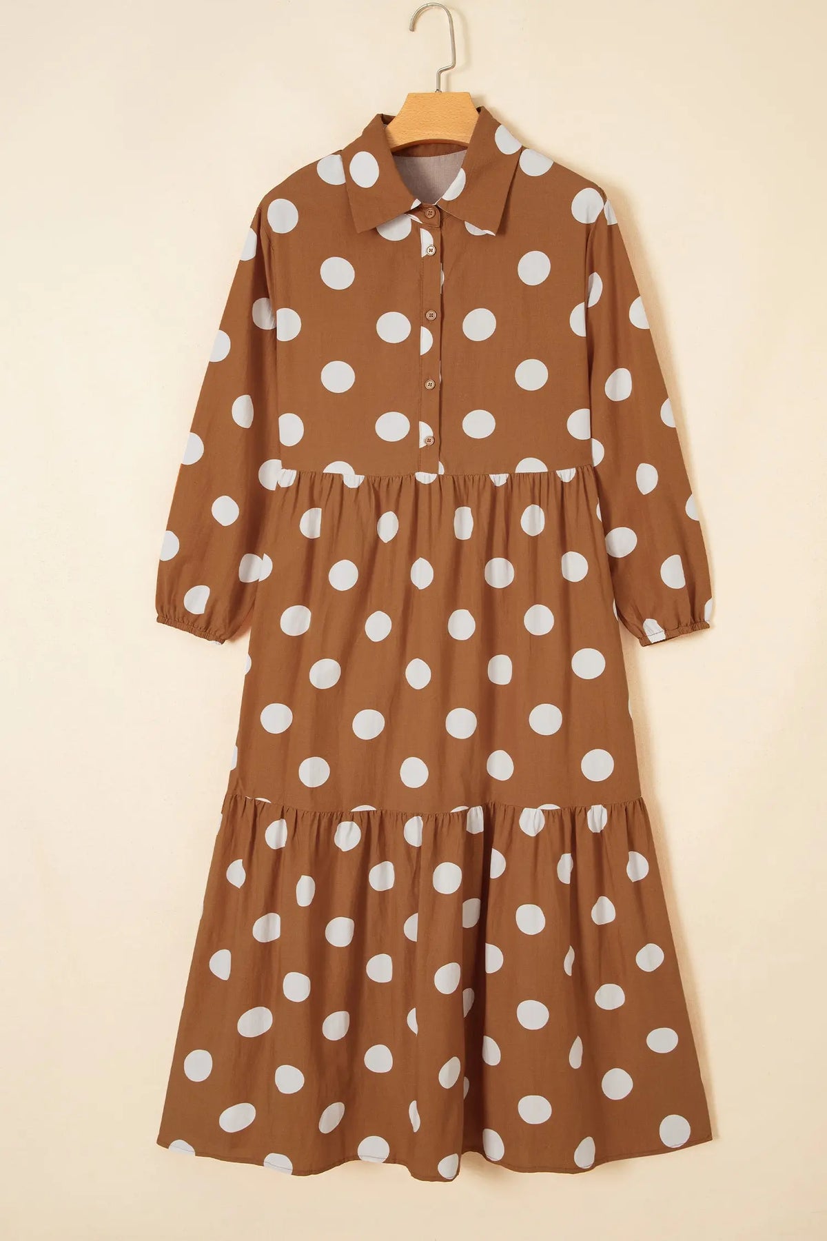 Brown Polka Dot Button Front Long Sleeve Shift Dress flat lay view · nz-alt-v1