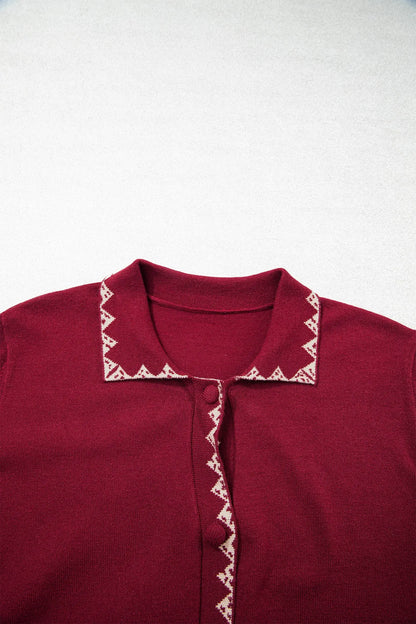 Burgundy Bow Pocket Collar Long Sleeve Knit Cardigan