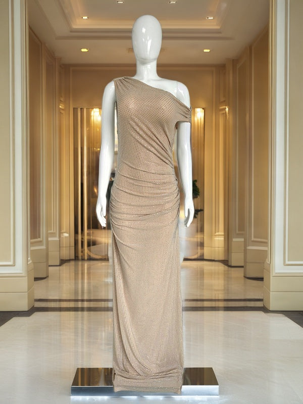 Crystal-Embellished One-Shoulder Ruched Maxi Dress mannequin view · nz-bg-v1