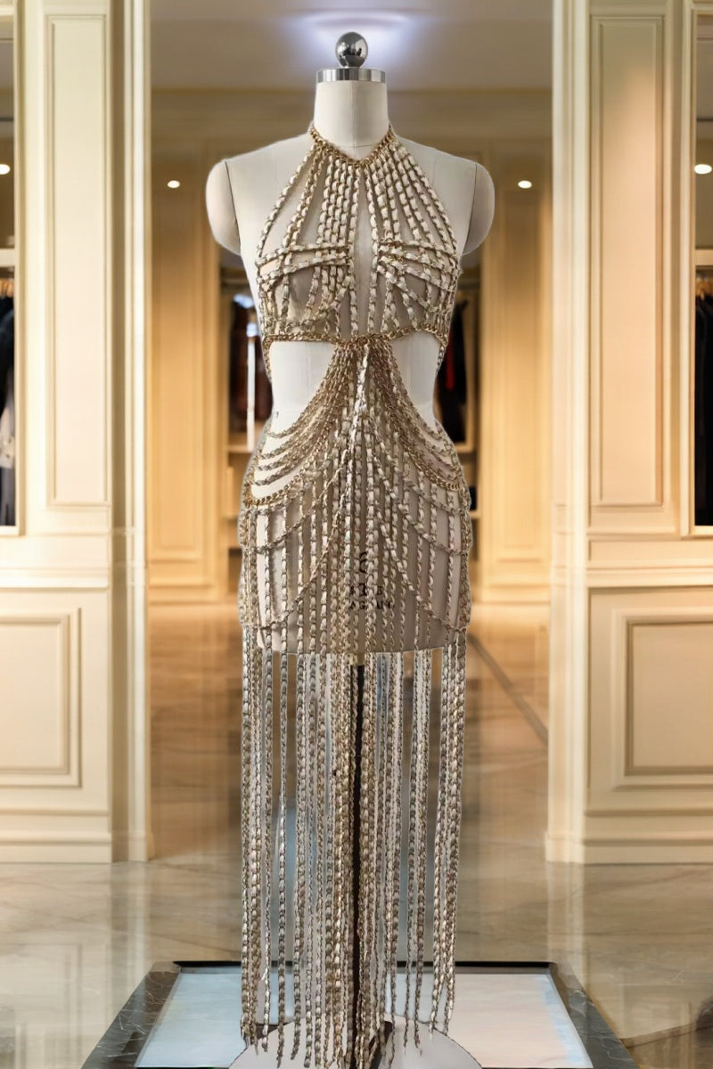 Gold Chain Fringe Halter Cut-Out Maxi Dress mannequin view · nz-bg-v1