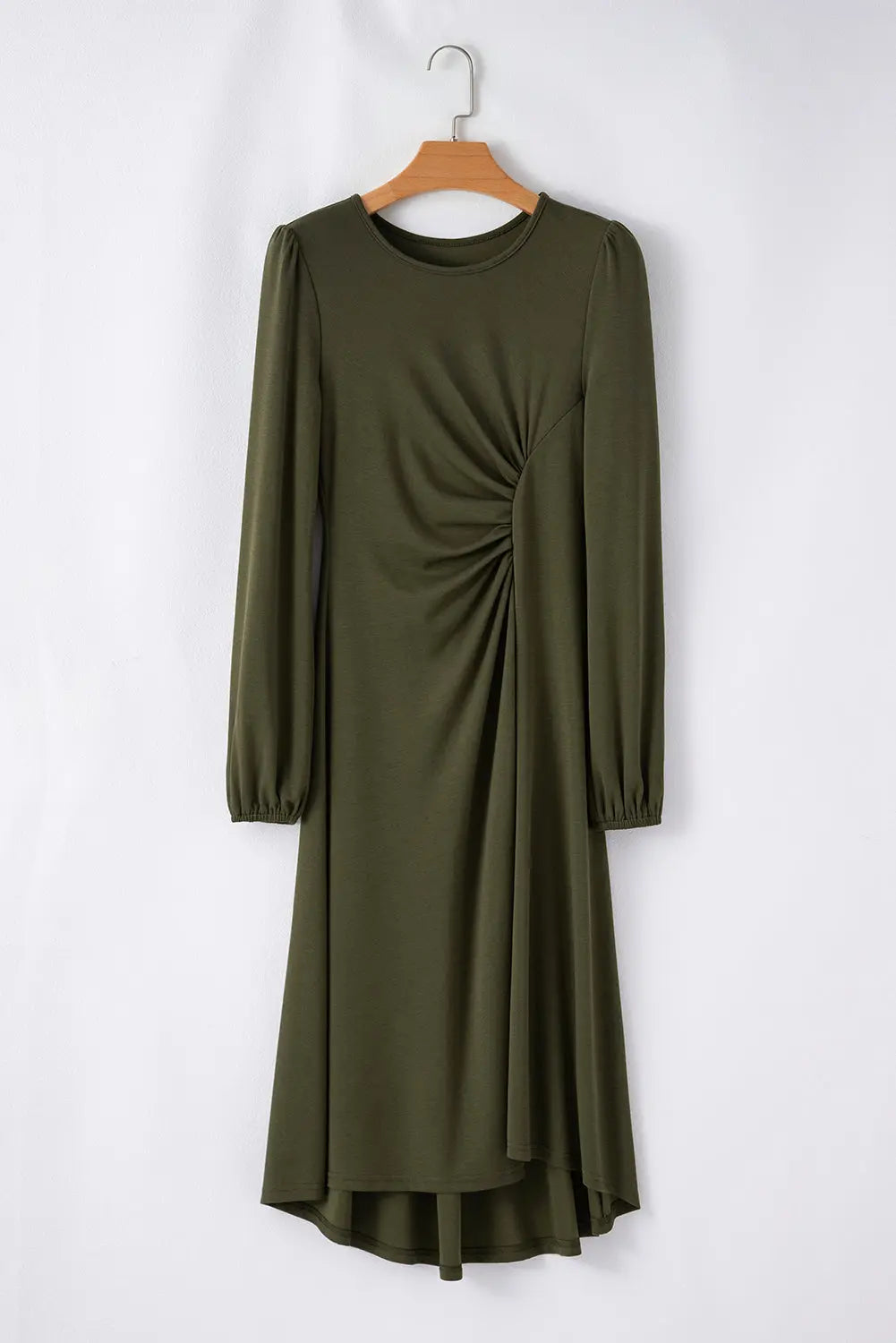 Jungle Green Solid Color Ruched Detail Long Sleeve Midi Dress