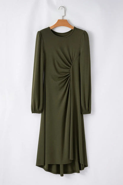 Jungle Green Solid Color Ruched Detail Long Sleeve Midi Dress