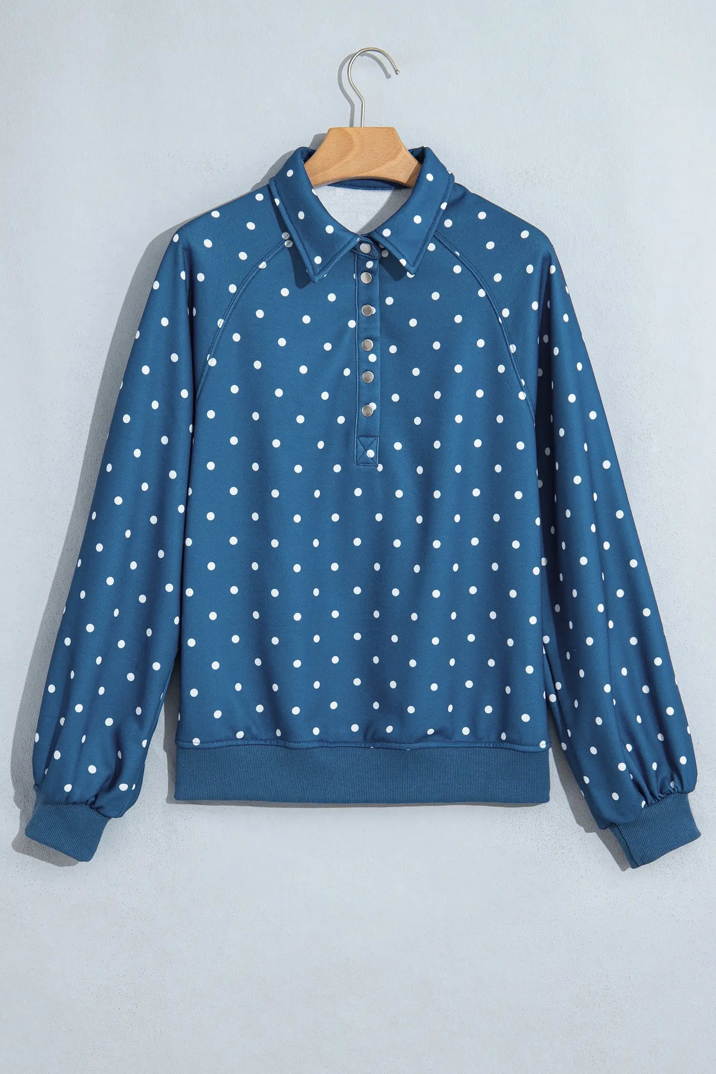Pink Polka Dot Print Metal Button Collar Casual Pullover Sweatshirt