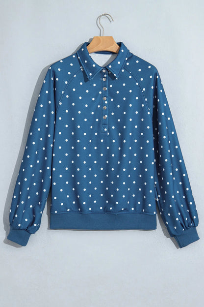Pink Polka Dot Print Metal Button Collar Casual Pullover Sweatshirt