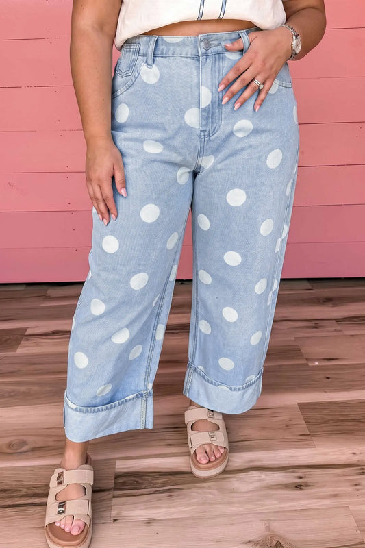 Sky Blue Polka Dot Full Length Regular Fit Plus Size Jeans model front view · nz-alt-v1