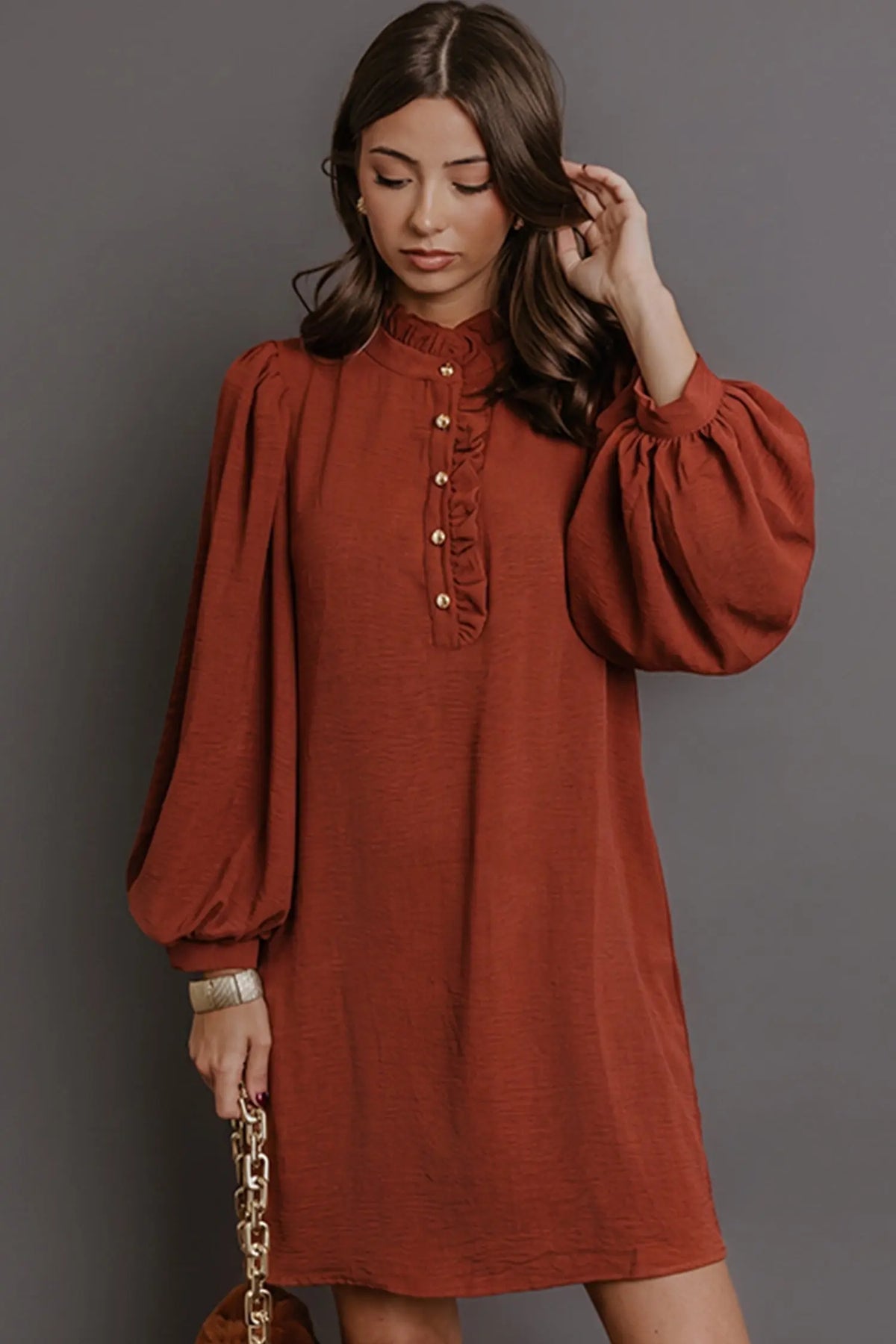 Coffee solid shift long sleeve short length one piece dress model front view · nz-alt-v1