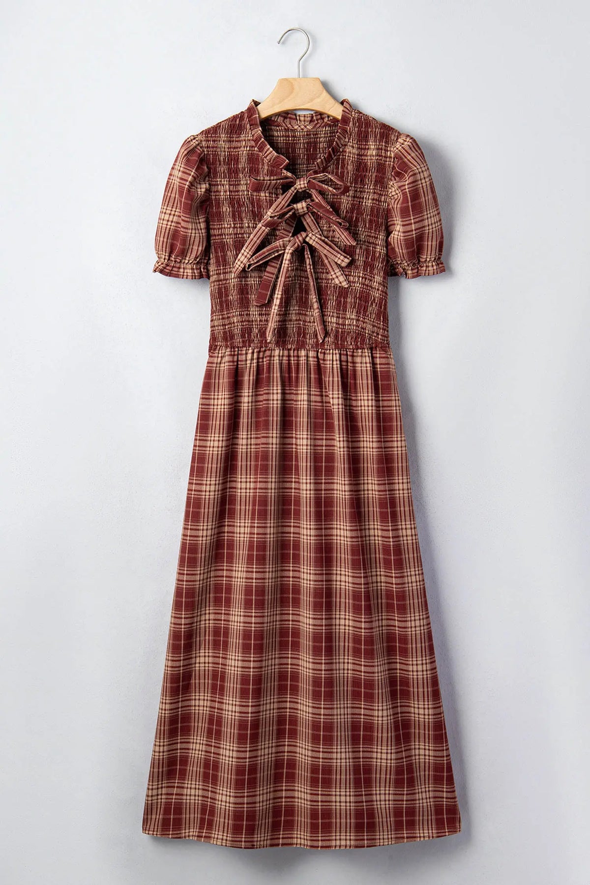 Red Vintage Plaid Knot Front Smocked High Waist Midi Dress hanging view · nz-alt-v1