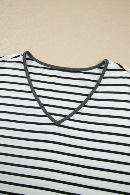 Gray Stripe V Neck Ruffle Contrast Sleeve Top Drawstring Pants 2pcs Set