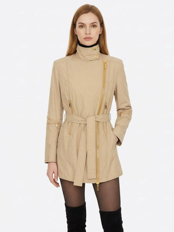 Belted Trench Jacket with Gold Asymmetric Zip model front view