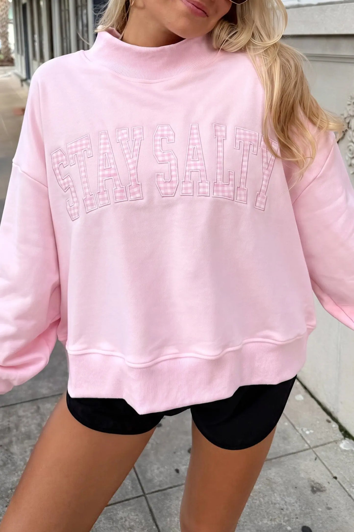 Chestnu COZY Embroidered Long Sleeve Stand Neck Shift Pullover Sweatshirt