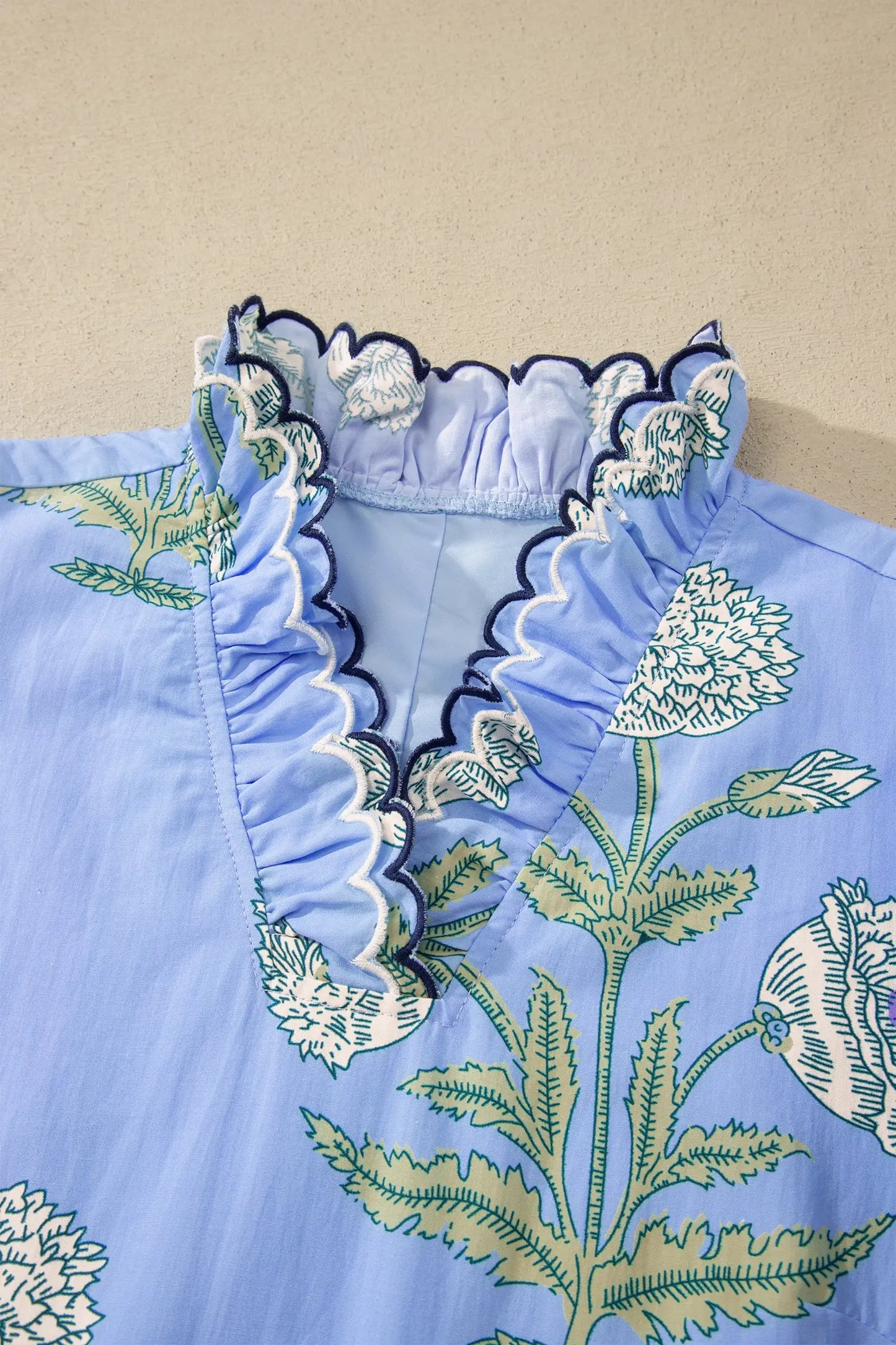 Sky Blue Wild Floral Print Scalloped Embroidery Trim V Neck Drop Waist Mini Dress