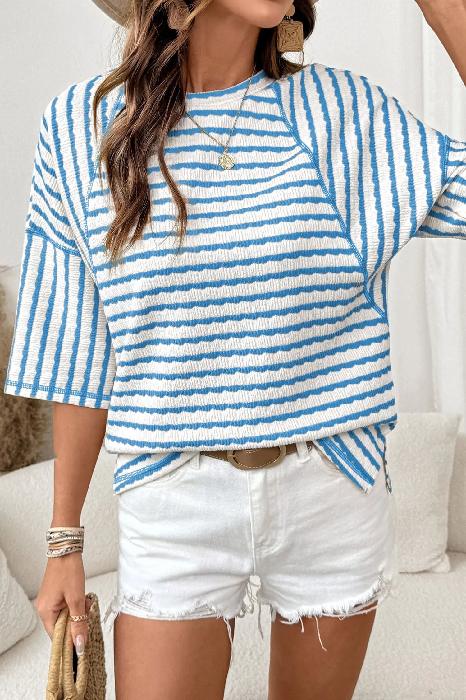 Brown Stripe Textured Knit Split Hem Half Sleeve Loose Top Nataliz