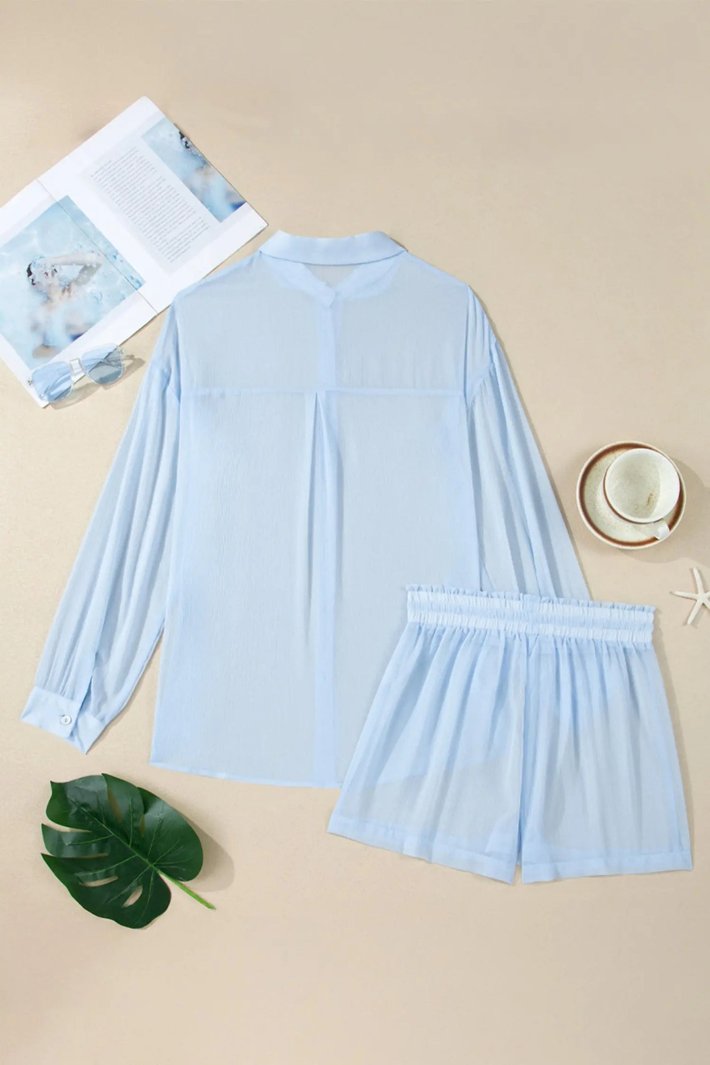 Black Sheer Tunic Shirt Drawstring Shorts 2pcs Swim Cover Up