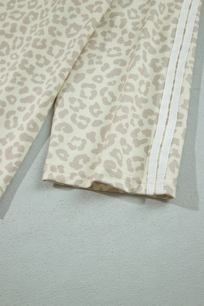 Apricot Leopard Print Varsity Striped Detail 3/4 Sleeve Top Shift Pant Set