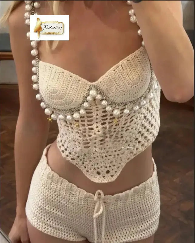 Fashionable Pearls Crochet Two Pieces Set Beachwear - White / S