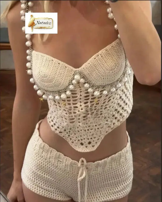 Fashionable Pearls Crochet Two Pieces Set Beachwear - White / S