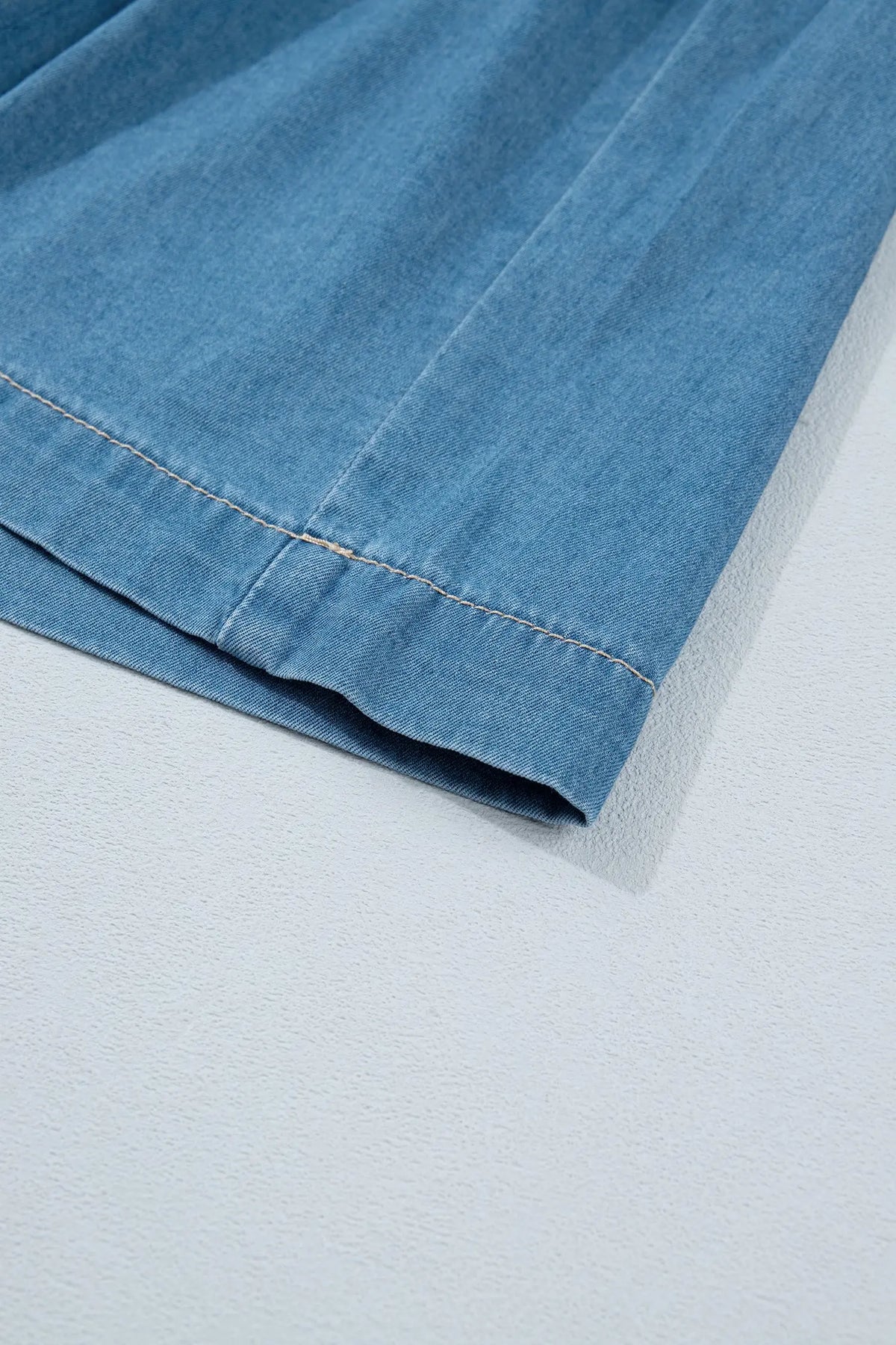 Sky Blue Half Buttons Pleated High Waist Denim Mini Skirt with Drawstring