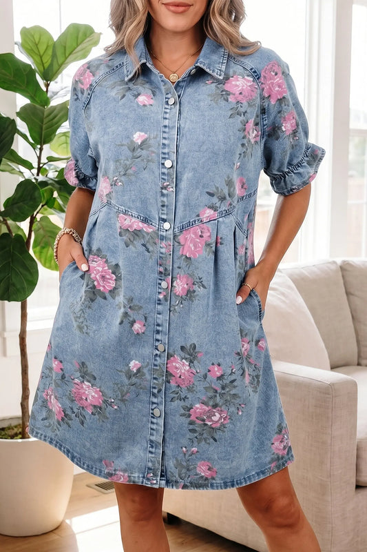 Sky Blue Floral Print Denim Short Sleeve Button Down Dress Nataliz