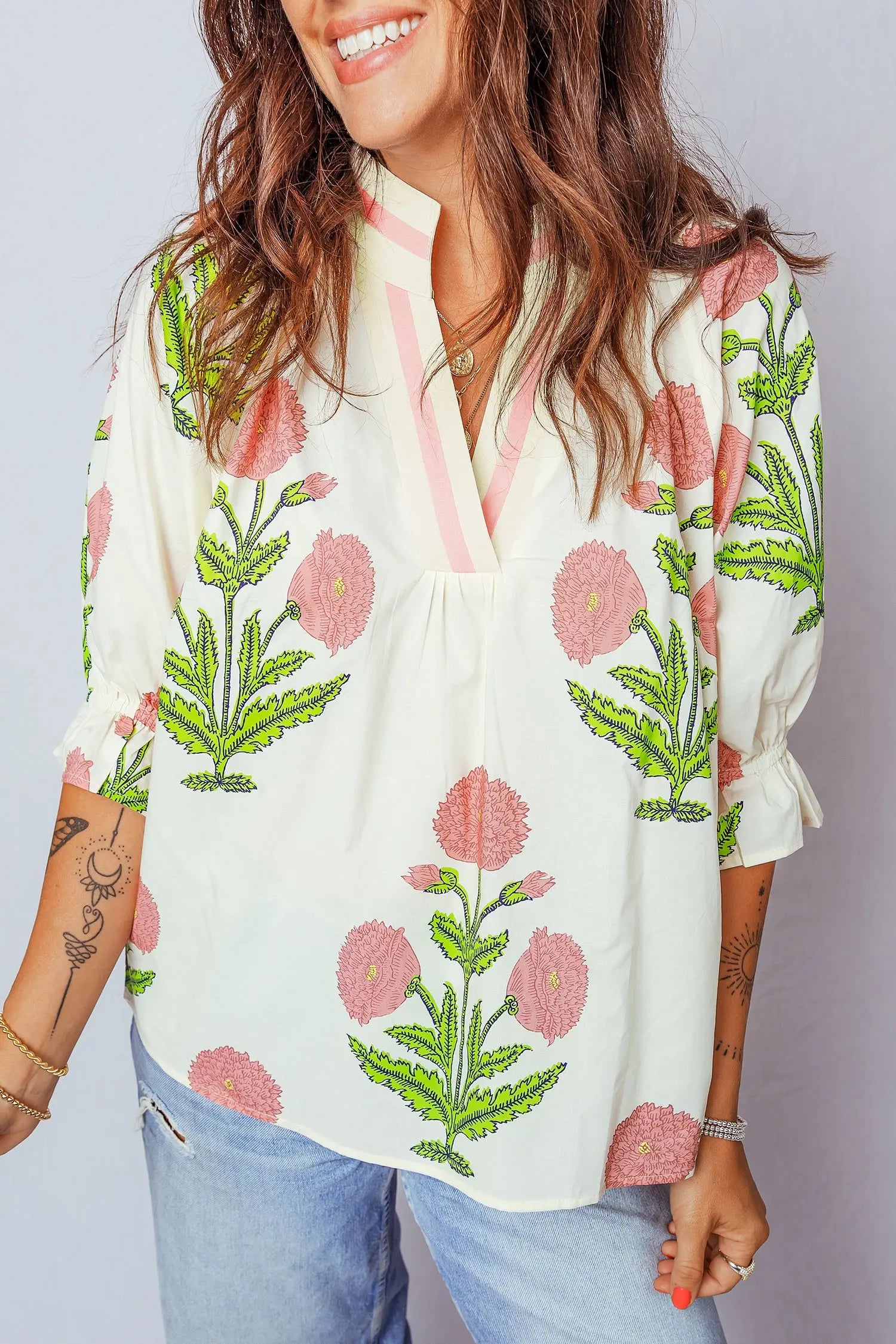 Sky Blue Casual Wild Flower Print V Neck 3/4 Sleeve Blouse Nataliz